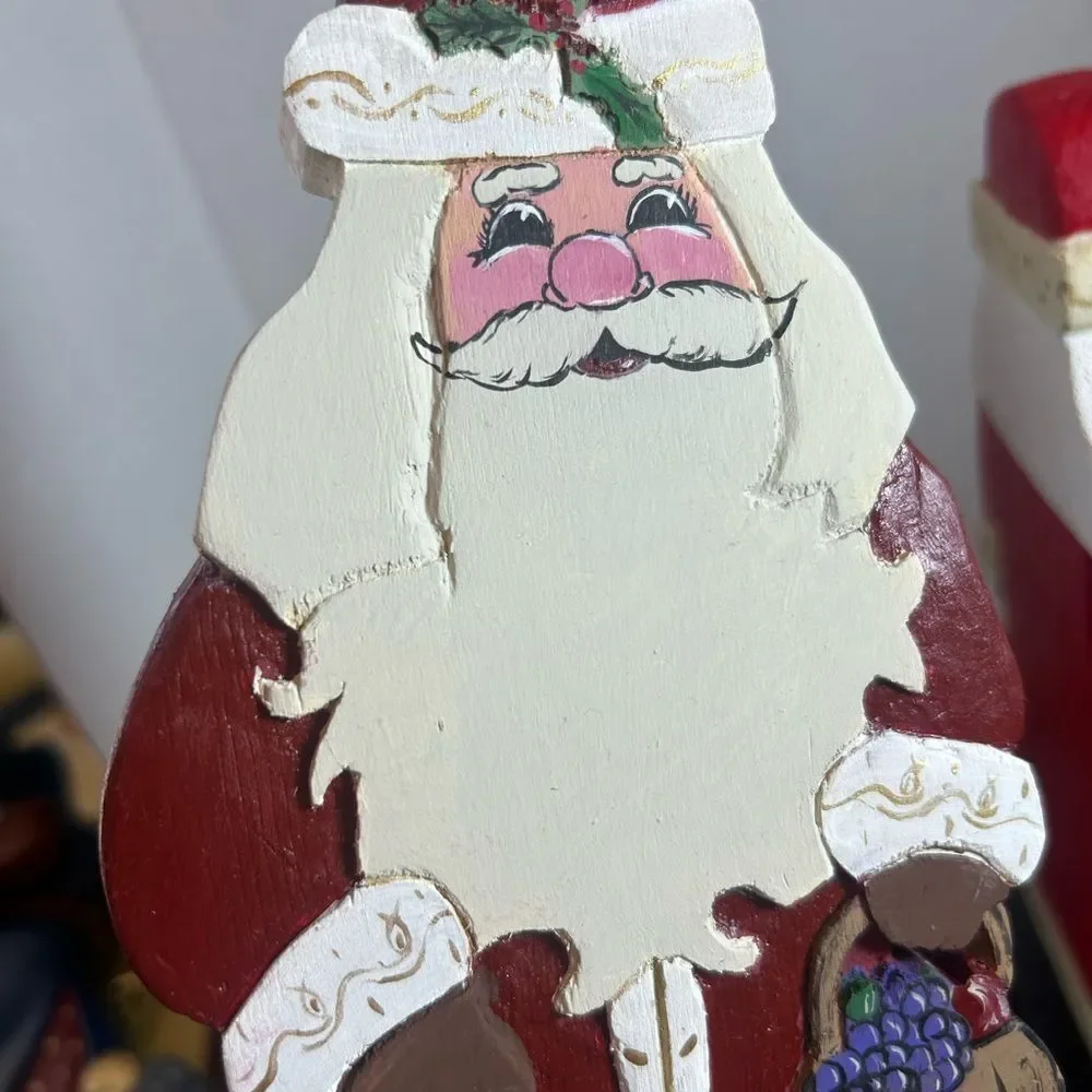Vtg Handpainted Wooden Santas w Xmas Trees 10.25in Tall 5.5in Base Holiday Decor